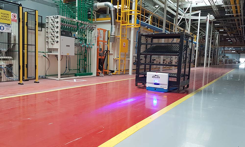 Sharko10 Pallet AMR AGV Carrying a Rack in Factory